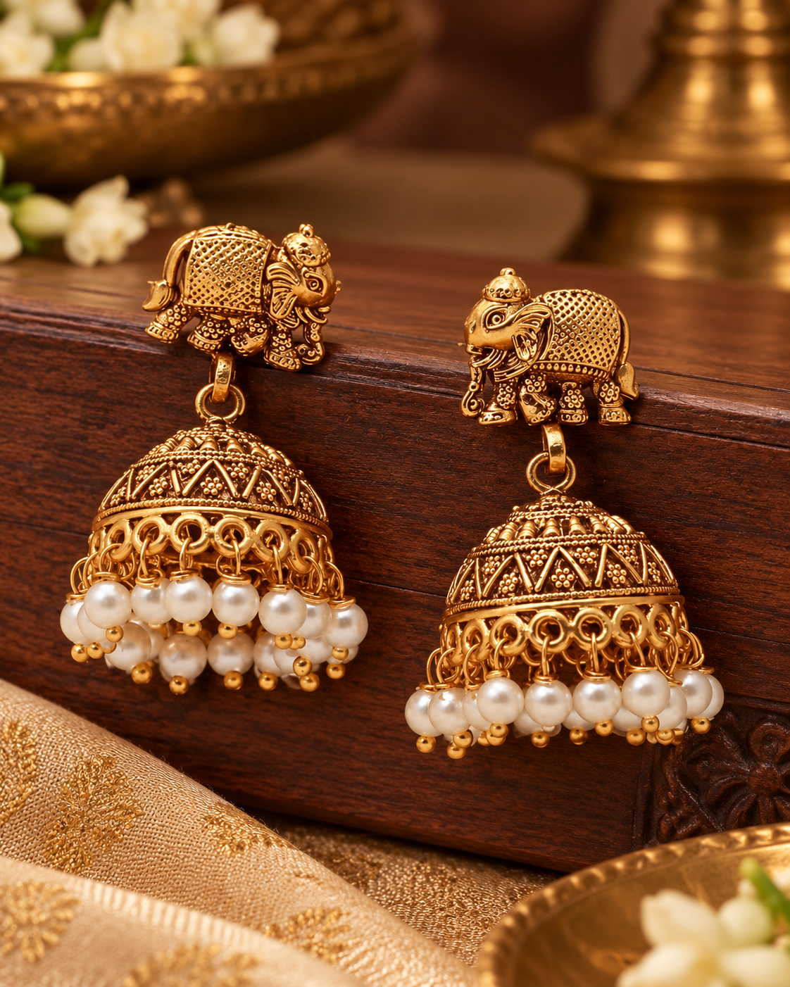 Antique Gold Dangles featuring Ornate Elephant Studs and Filigree Bell