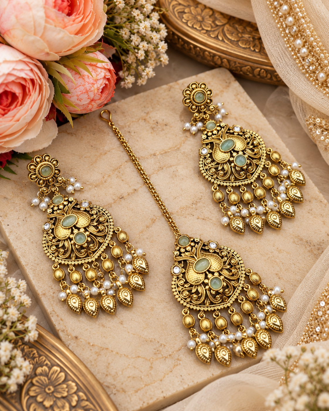Antique Gold Earrings & Maangtikka Set