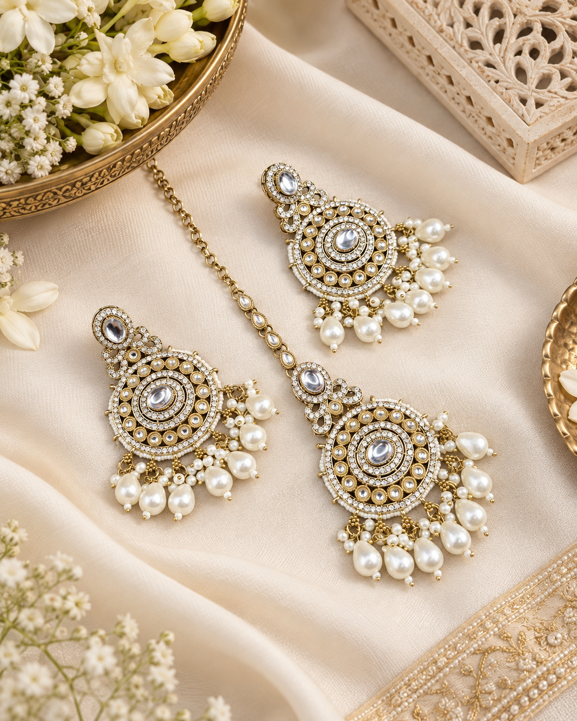 Ornate Circular Earrings & Maangtikka Set with Crystal Accents