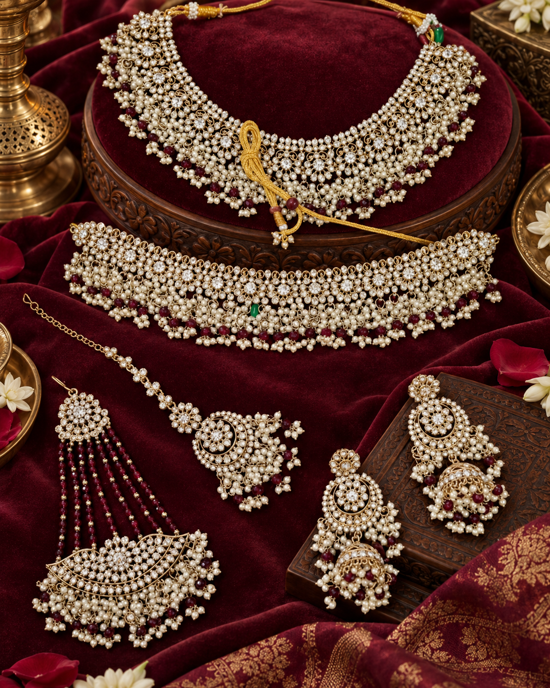 Shadaw Stone Bridal Jewelry Set Choker Necklace, Earring, Maang Tikka & Passa For Woman