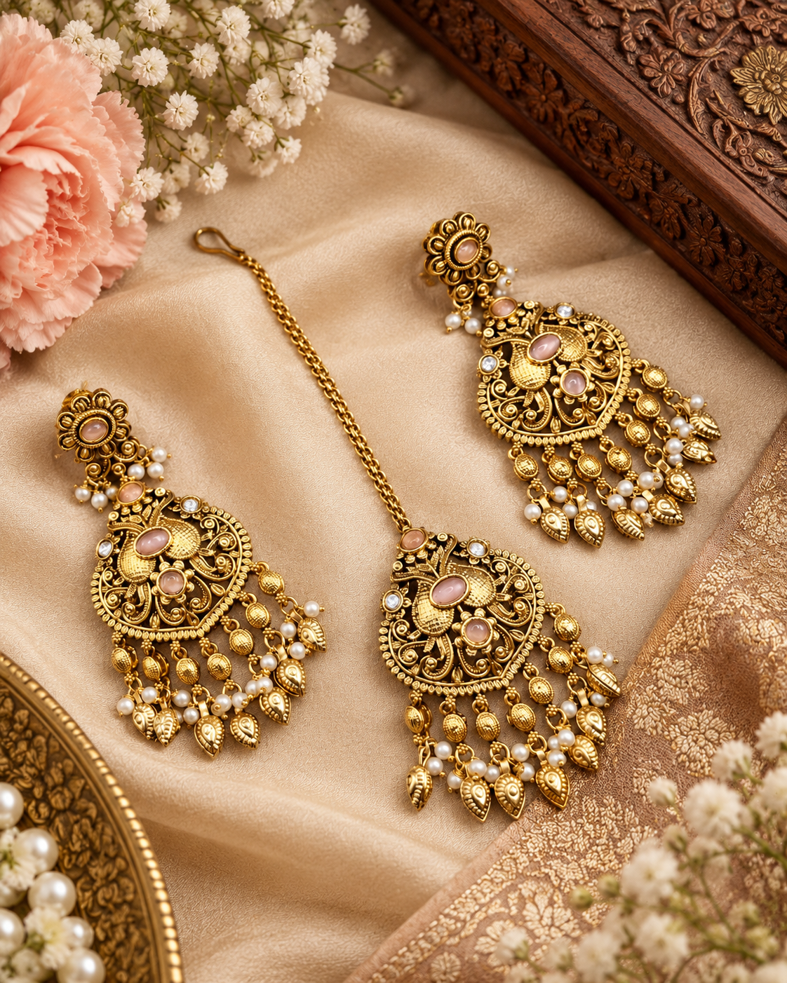 Antique Gold Earrings & Maangtikka Set