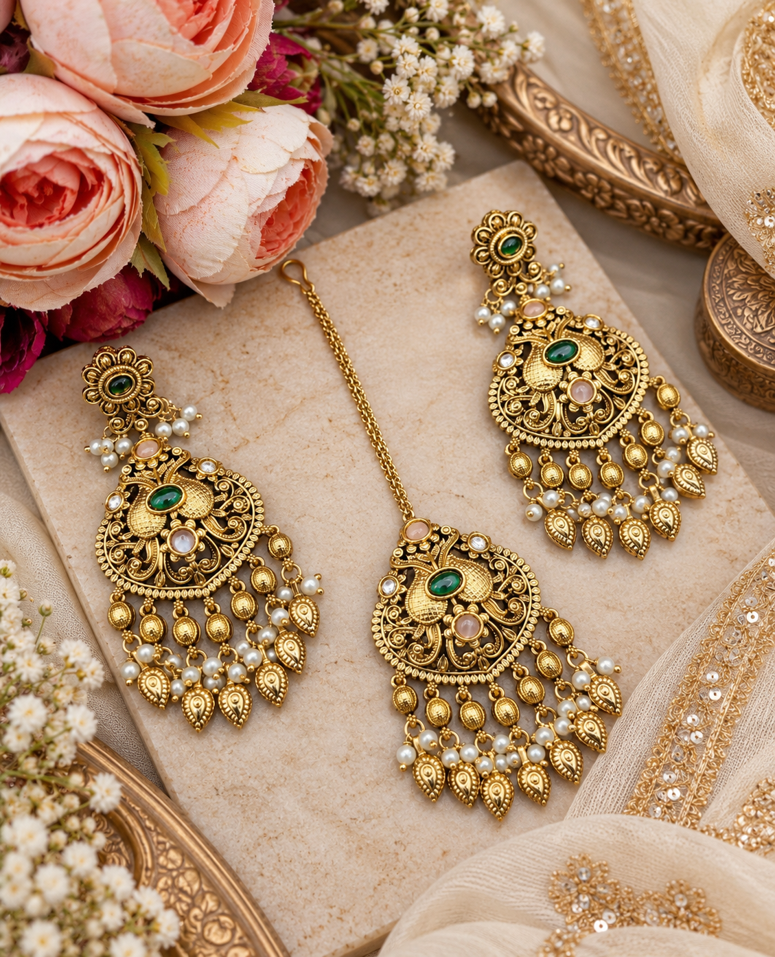 Antique Gold Earrings & Maangtikka Set