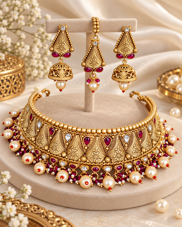 Traditional Gold Plated Copper Jewellery Set & Necklace with Jhumkas & Maang Tikka