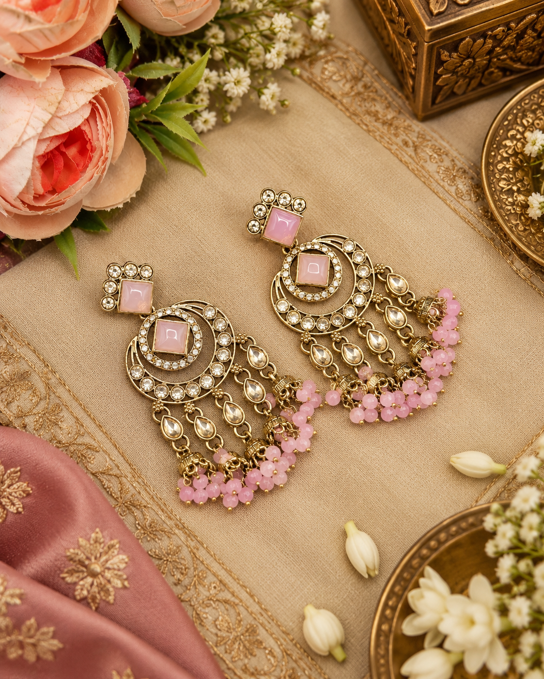 GEOMETRIC STONE-STUDDED CHANDBALI STATEMENT EARRINGS