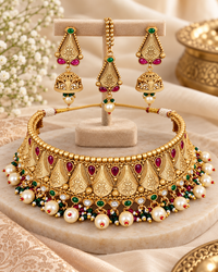 Traditional Gold Plated Copper Jewellery Set & Necklace with Jhumkas & Maang Tikka