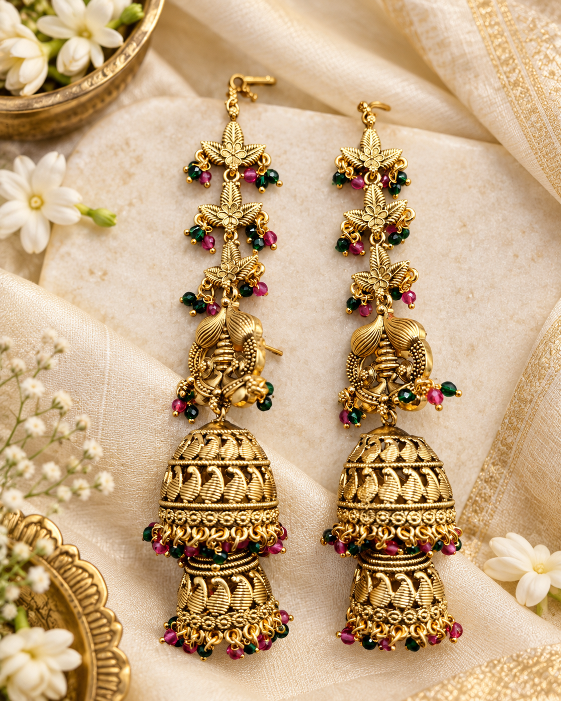Ethnic Temple Motif Layered Jhumkas with Hair Chains