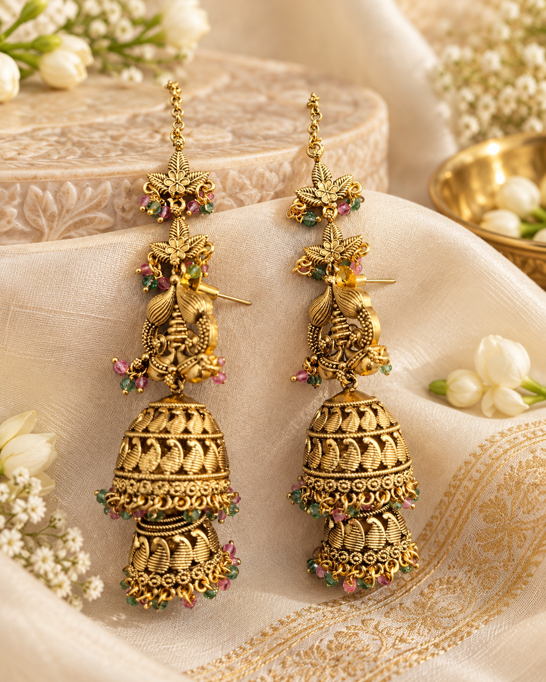 Ethnic Temple Motif Layered Jhumkas with Hair Chains