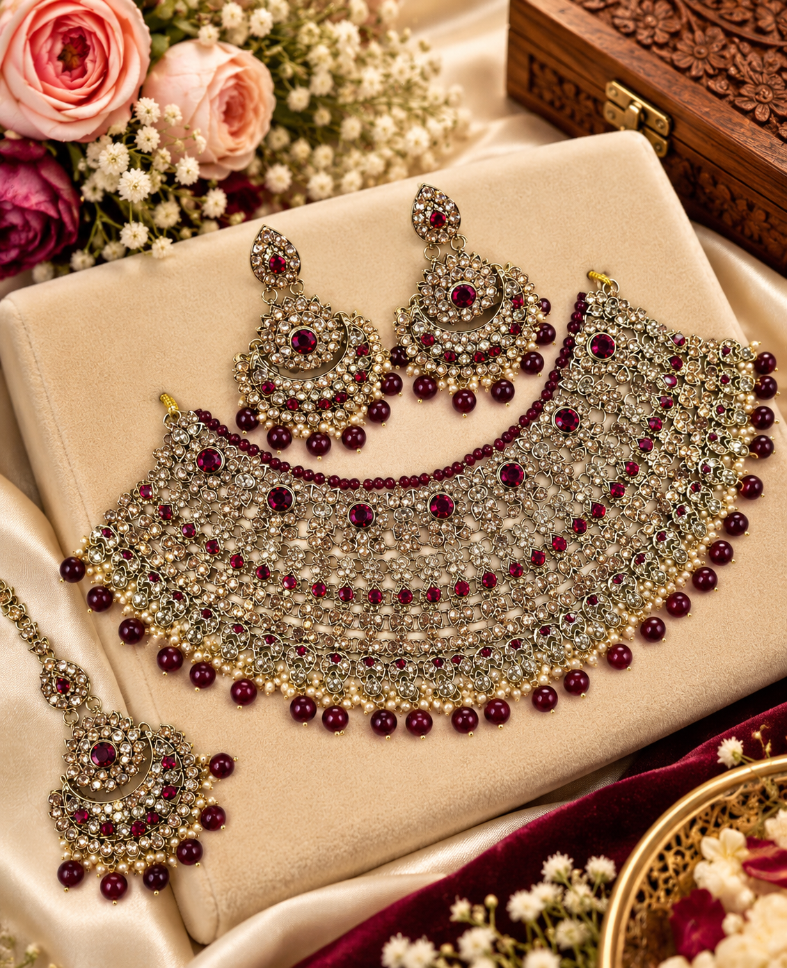 Antique Gold-Tone CZ Heavy Bridal Choker Necklace Set with Chaandbali Earrings and Maang Tikka
