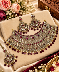 Antique Gold-Tone CZ Heavy Bridal Choker Necklace Set with Chaandbali Earrings and Maang Tikka