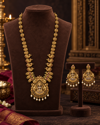 Traditional Matte Gold Lakshmi Temple Haram & Necklace With Earrings For Woman