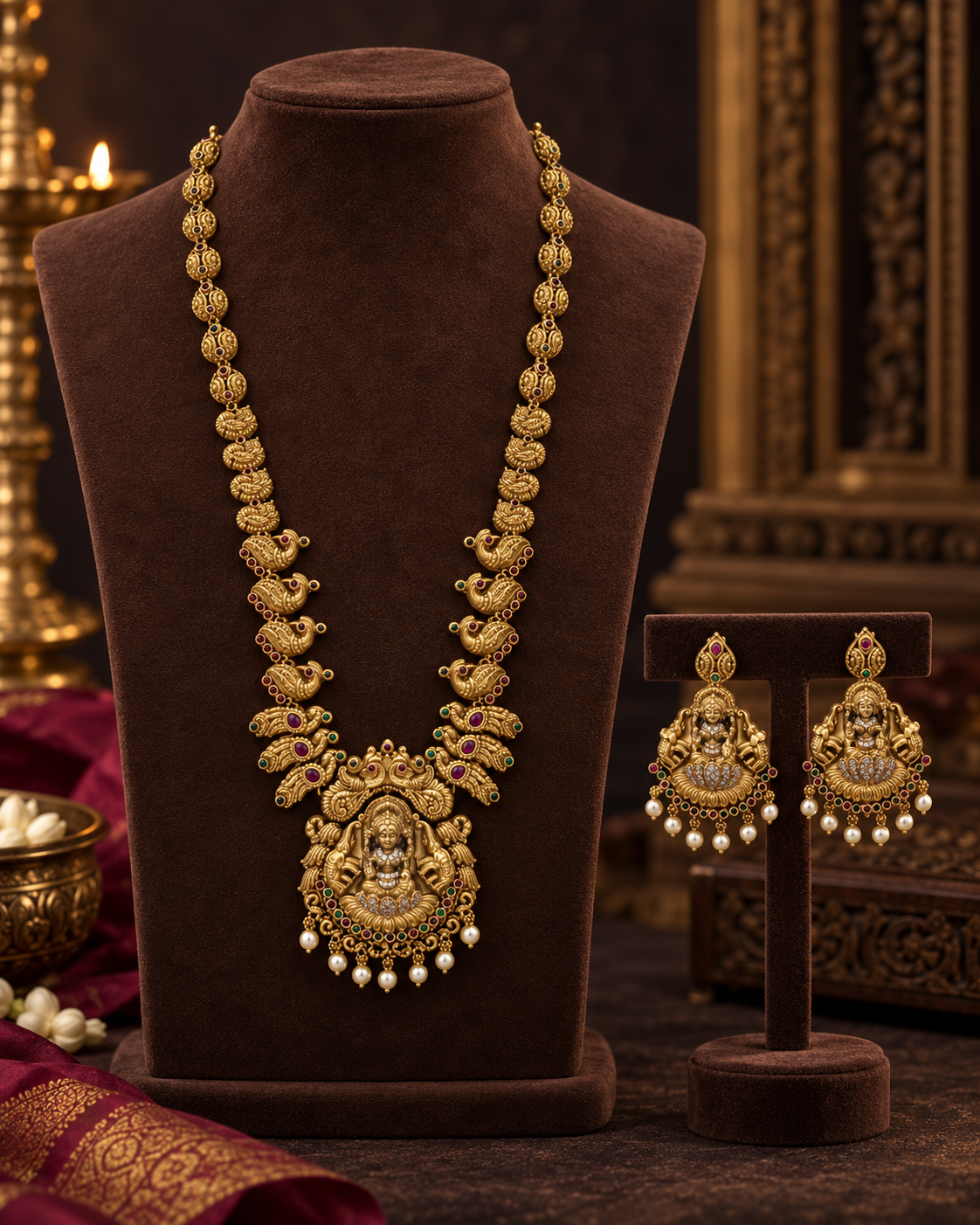 Traditional Matte Gold Lakshmi Temple Haram & Necklace With Earrings For Woman