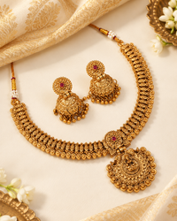 Gold Lakshmi Pendant Temple Necklace with Jhumkas