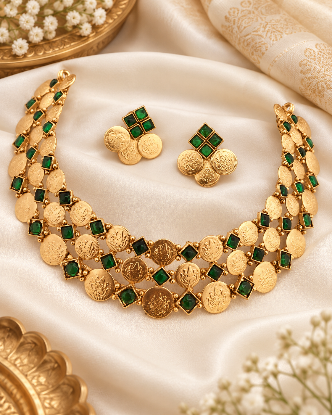 Triple Layer Lakshmi Coin Choker Set with Ruby Pink Kemp Stones