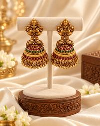 Matte Gold Earrings with Ruby & Emerald Kemp Stones and Gold Bead Fringe