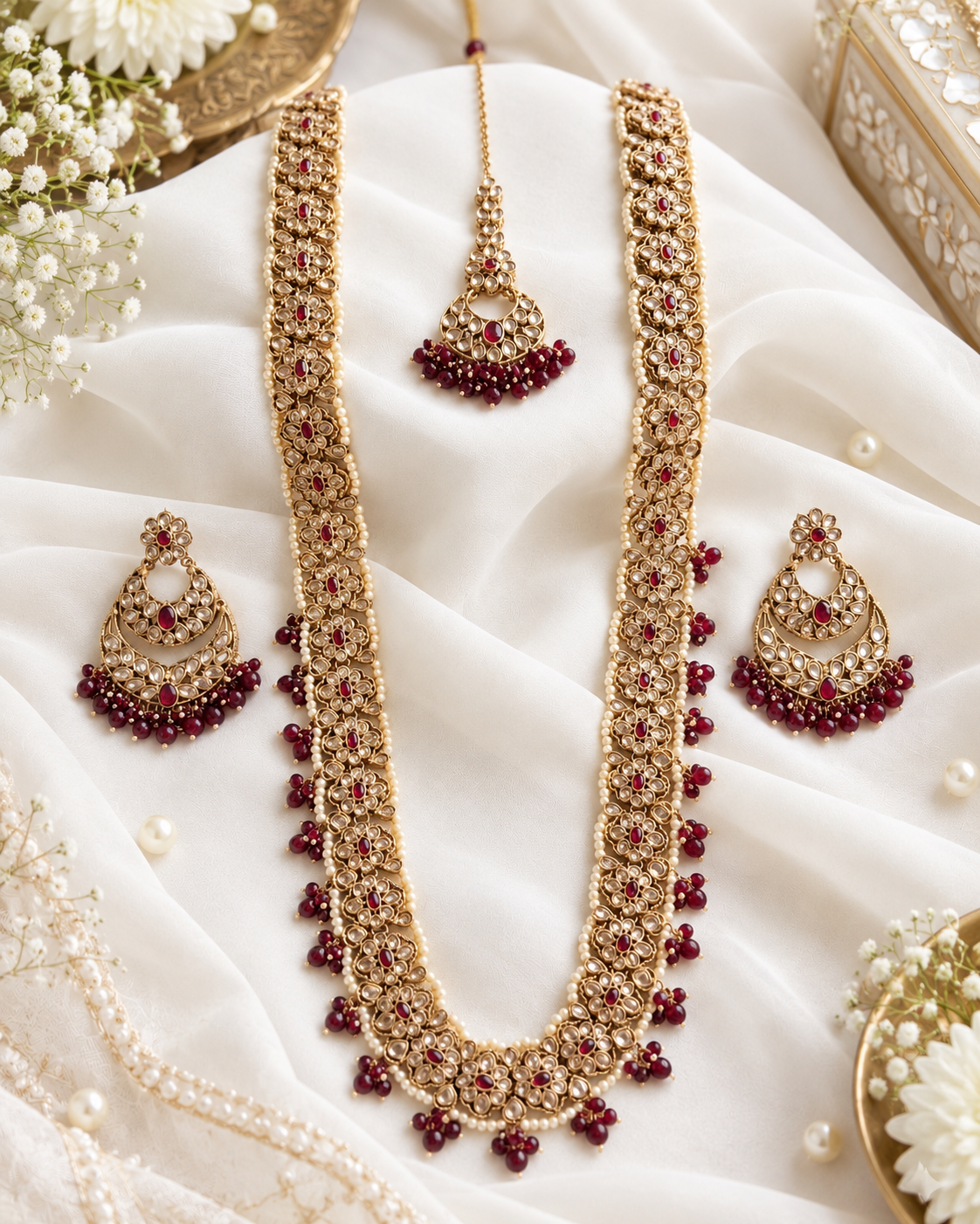 Heritage Maroon Bridal Long Necklace Set