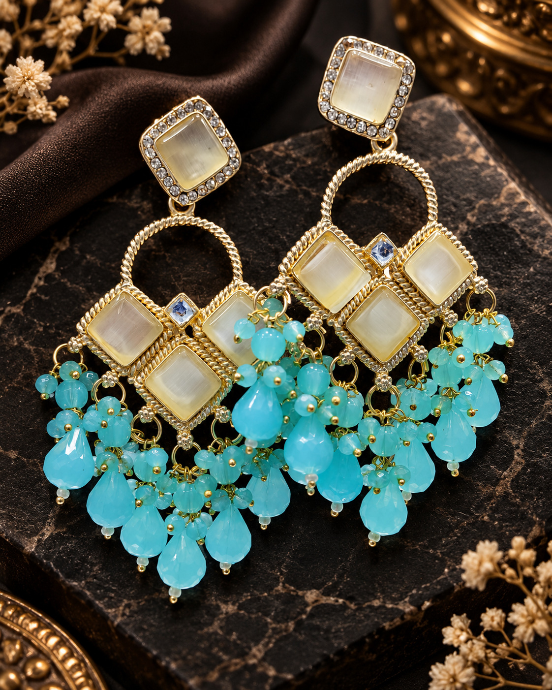 Square Stone Earrings Gold Plated Geometric Drop Dangles