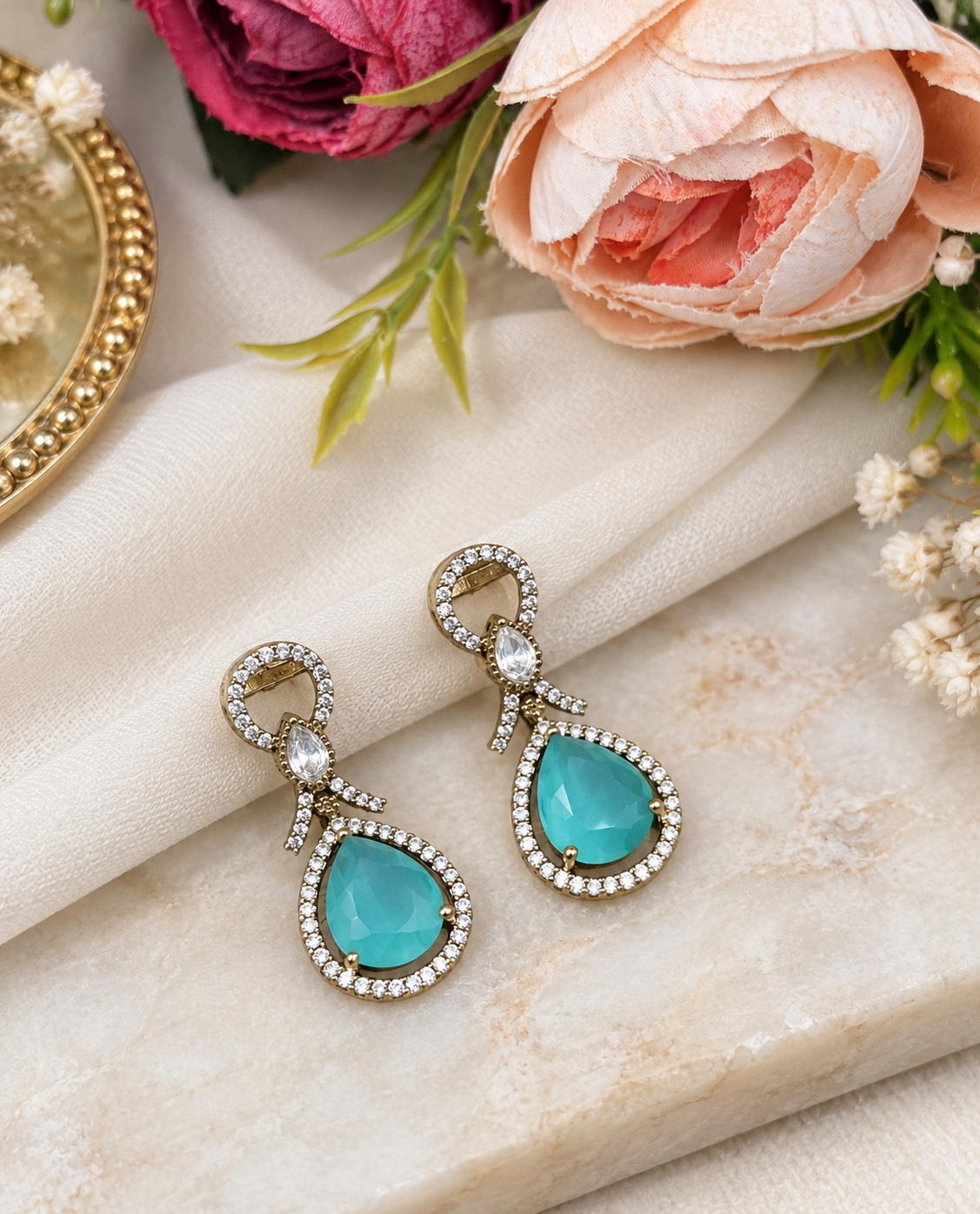 Elegant Teardrop Halo Drop Earrings with Pavé Ribbon Accents