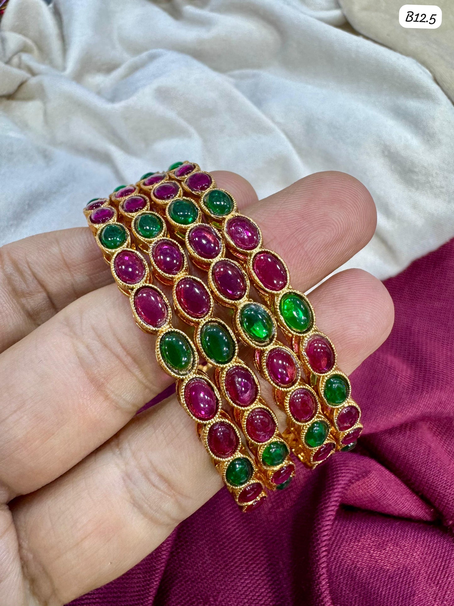 Elegant Gold Plated Bangles with Ruby Red & Emerald Green Stones