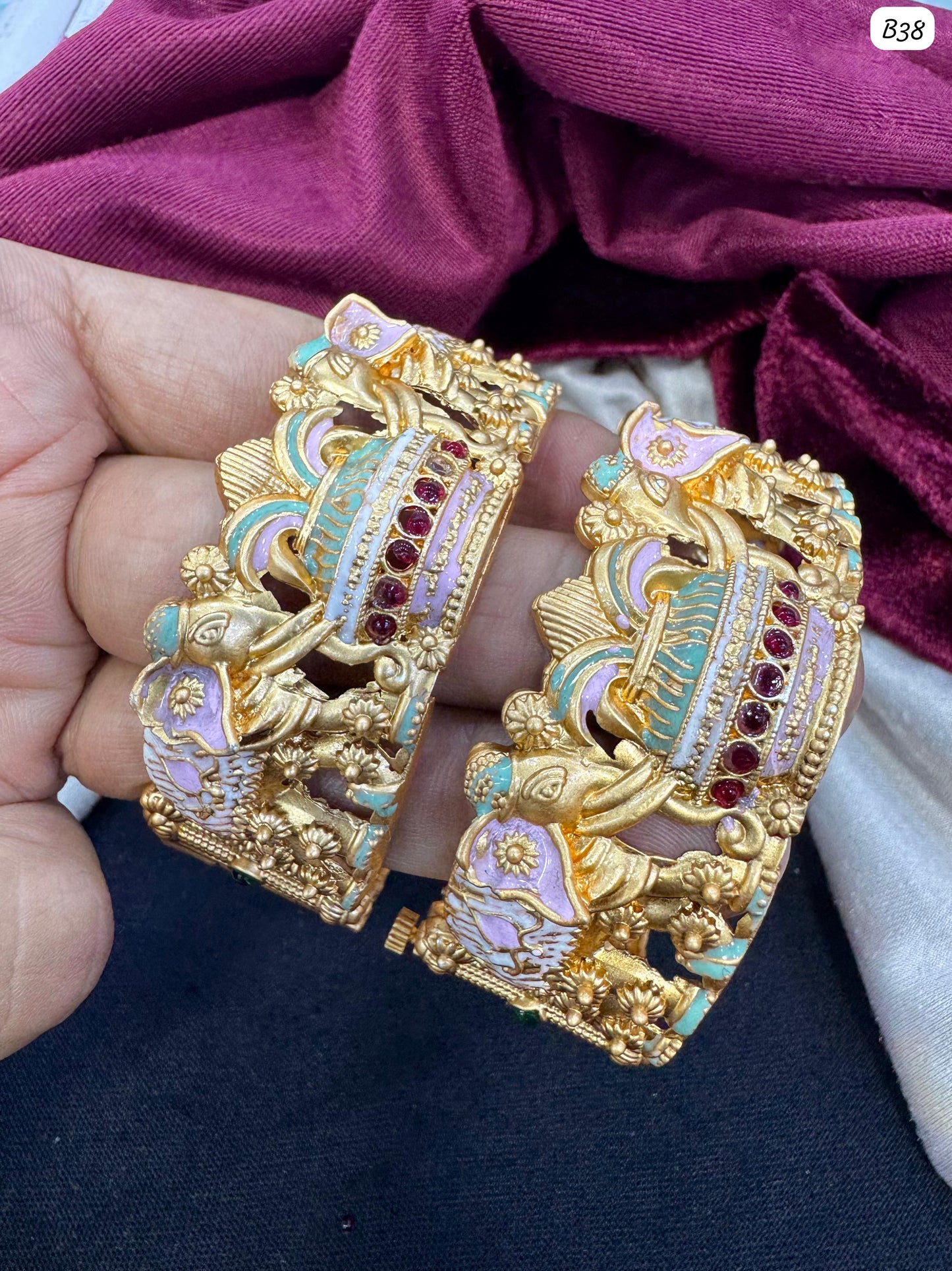 Traditional Temple Design Elephant CZ Bangles – Handcrafted Bridal Jewelry