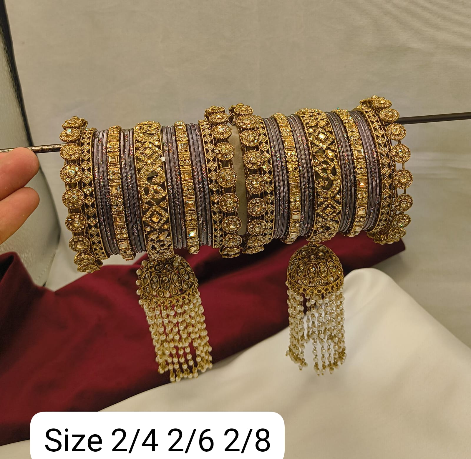 Antique Gold Bridal Chuda Bangle Set with Jhumka Drops Pearl Latkans For Woman