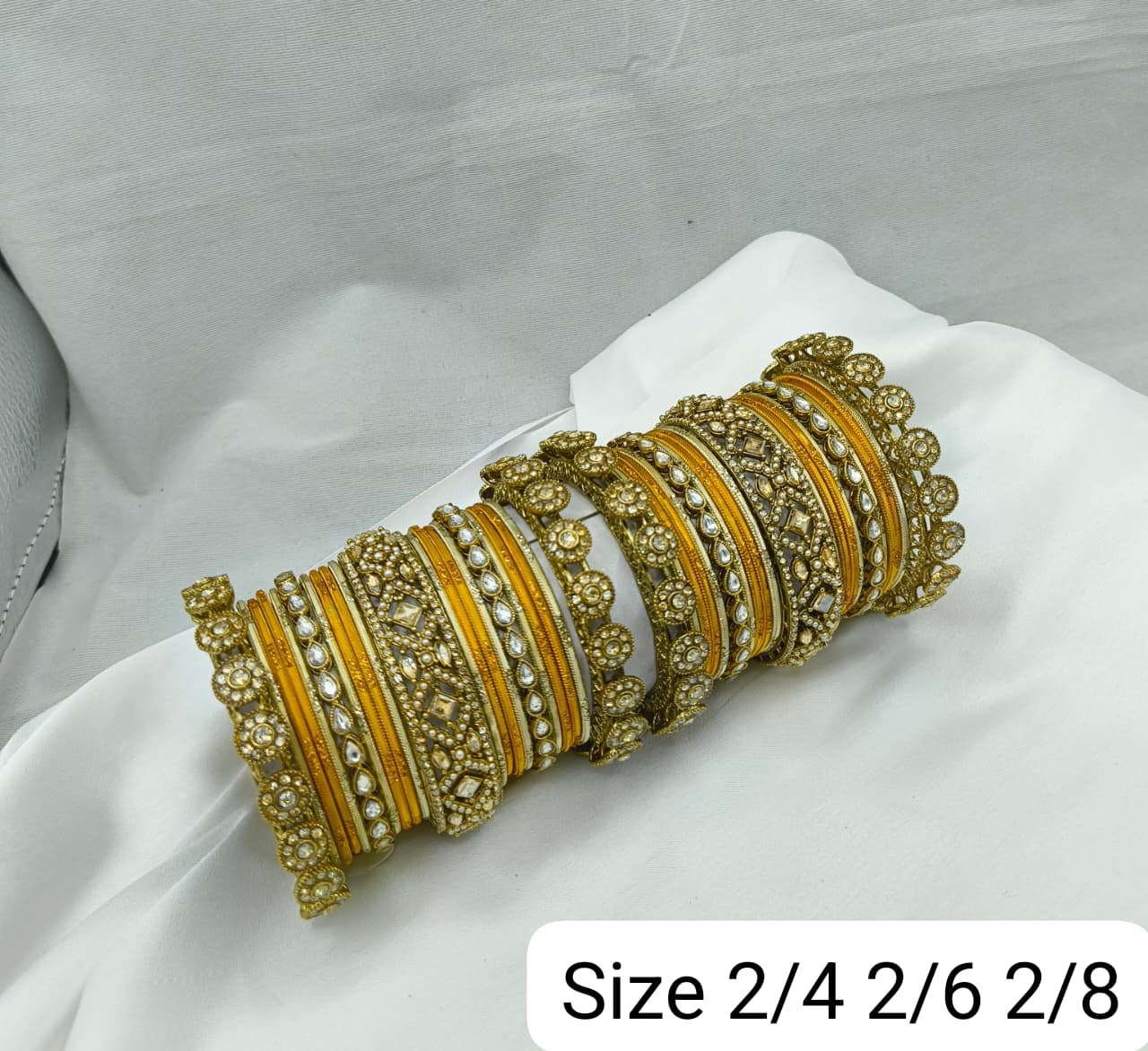 Antique Gold Chuda Bangle Set with Floral Stone Kadas For Woman