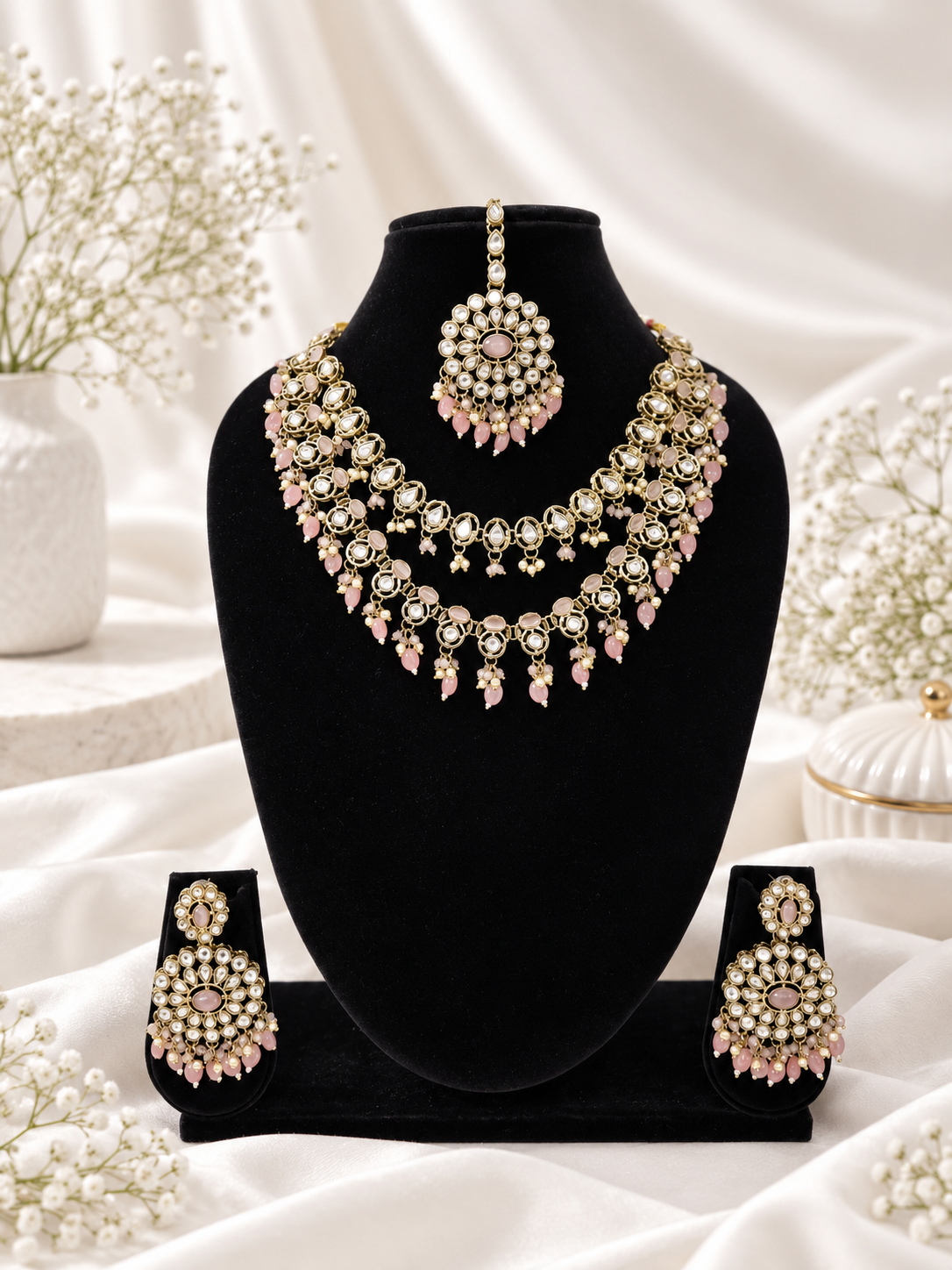 Royal Blue Layered Necklace Set Round Earrings & Maang Tikka