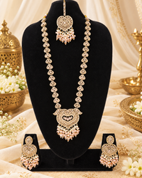 Lavender Purple Heart Shaped Long Necklace Set with Earrings & Maang Tikka