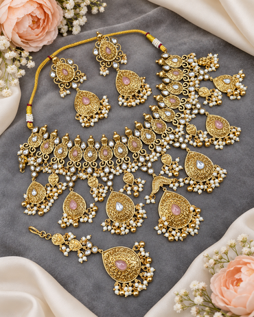 Antique Gold Floral Necklace Set with Earrings & Maangtikka