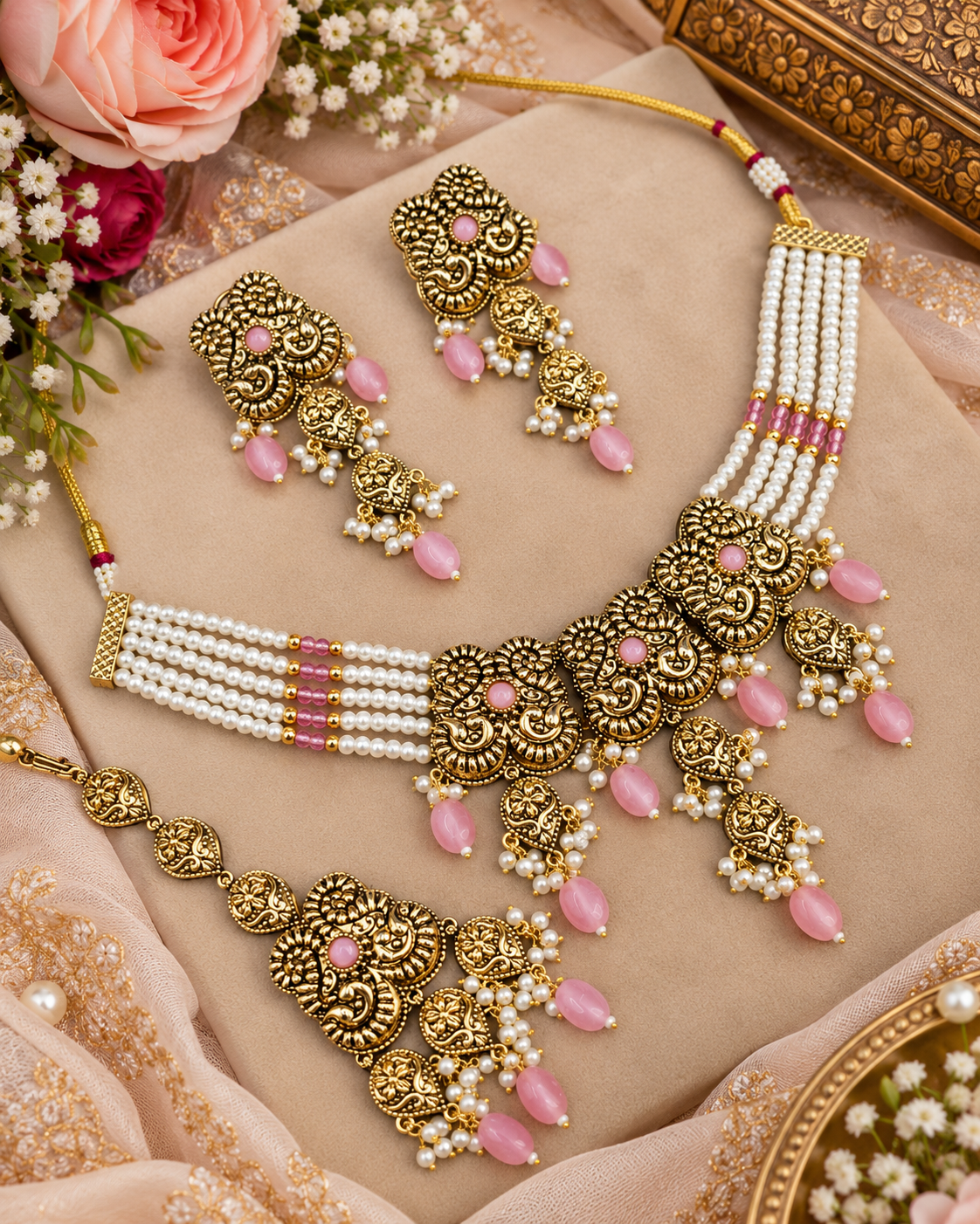 Antique Gold Pearl Strand Choker Necklace Set with Earrings & Maangtikka