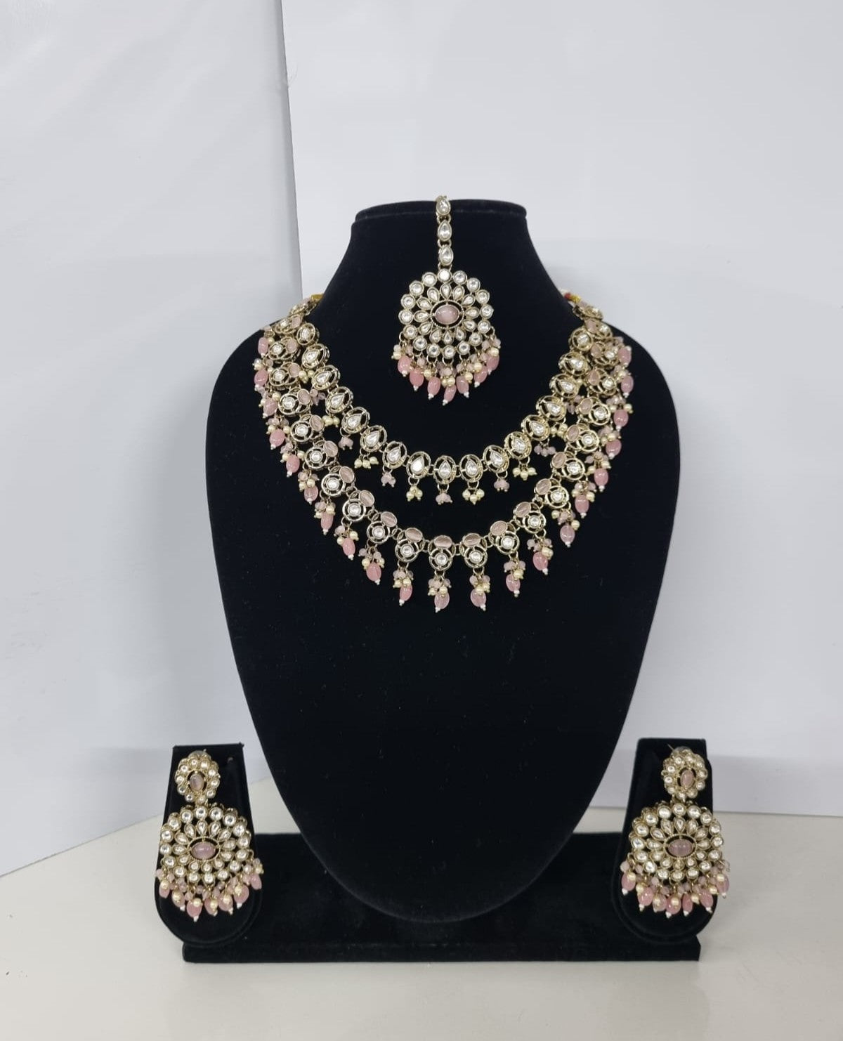 Royal Blue Layered Necklace Set Round Earrings & Maang Tikka