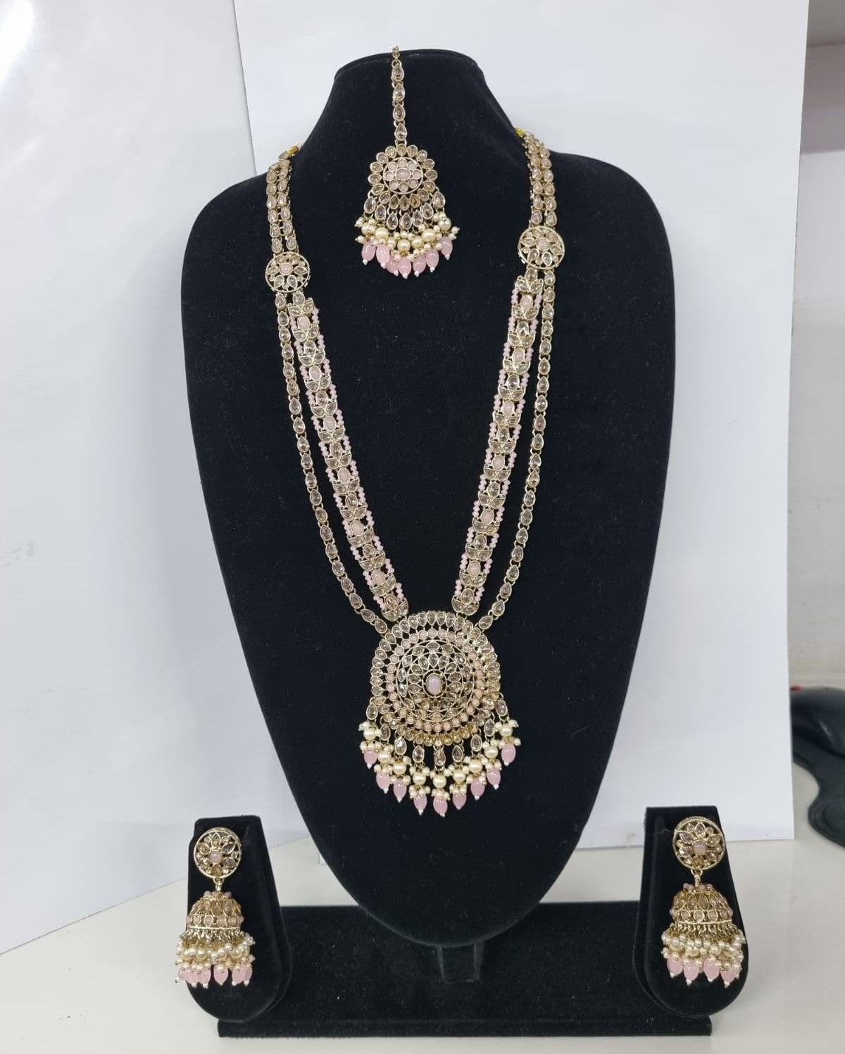 Traditional Pastel Sea Green Long Necklace Set with Jhumkas