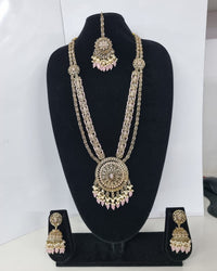 Traditional Pastel Sea Green Long Necklace Set with Jhumkas