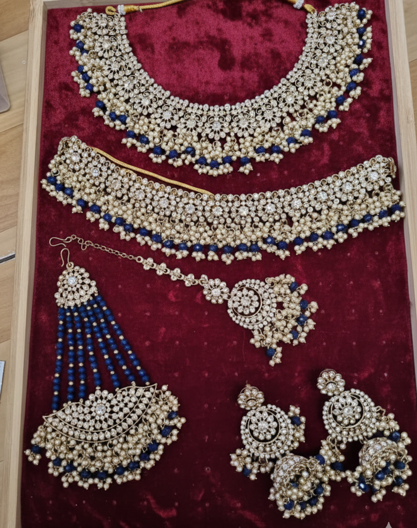 Shadaw Stone Bridal Jewelry Set Choker Necklace, Earring, Maang Tikka & Passa For Woman