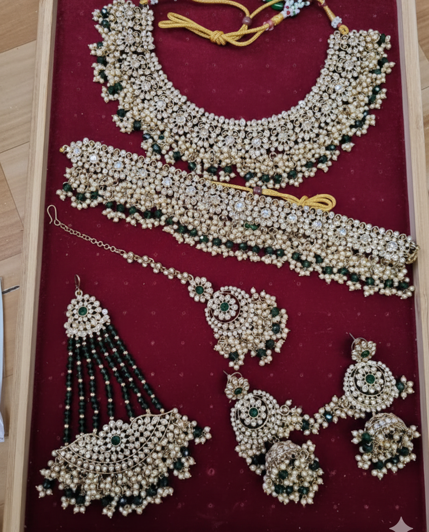 Shadaw Stone Bridal Jewelry Set Choker Necklace, Earring, Maang Tikka & Passa For Woman