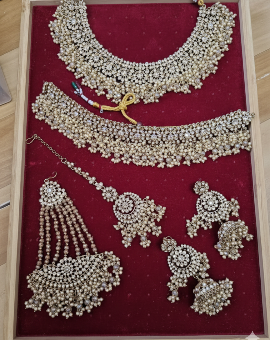 Shadaw Stone Bridal Jewelry Set Choker Necklace, Earring, Maang Tikka & Passa For Woman