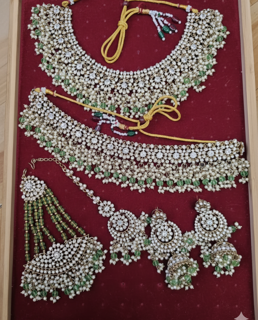 Shadaw Stone Bridal Jewelry Set Choker Necklace, Earring, Maang Tikka & Passa For Woman