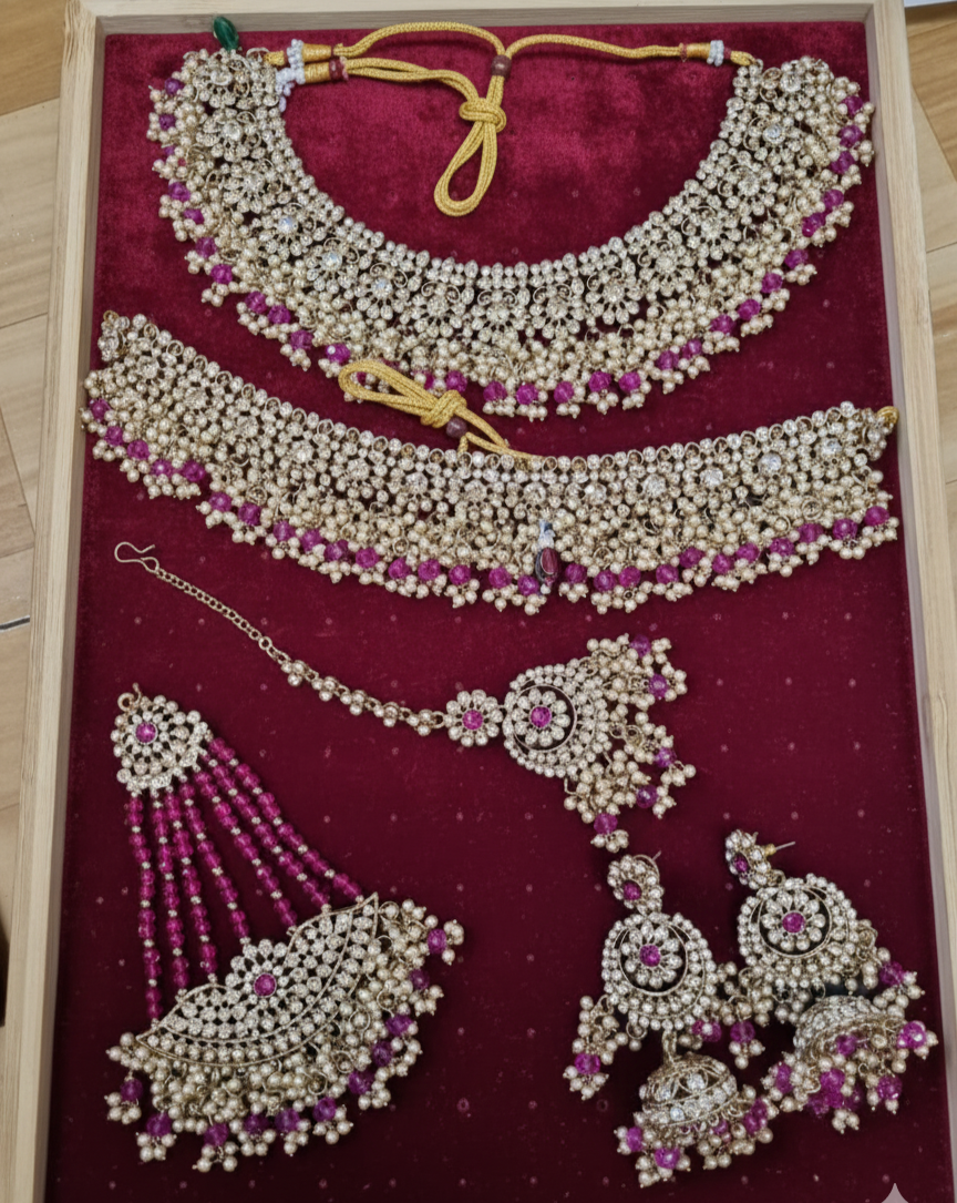Shadaw Stone Bridal Jewelry Set Choker Necklace, Earring, Maang Tikka & Passa For Woman