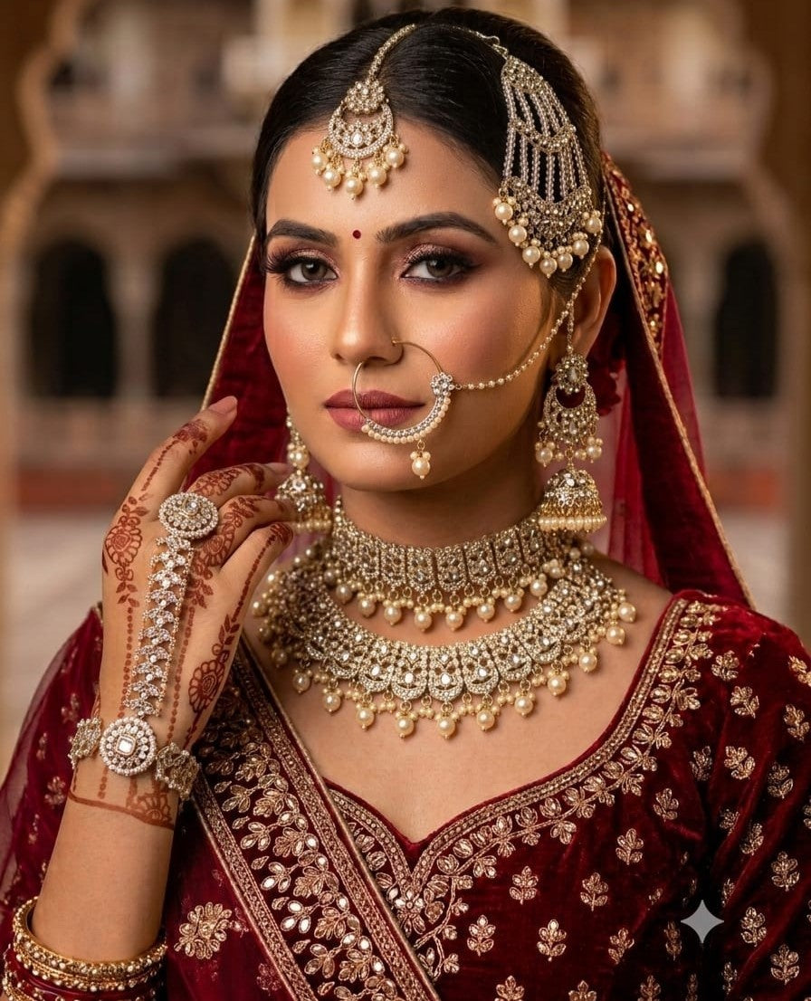 Grand Antique Stone-Studded Bridal Set with Jhumkas & Hathphool