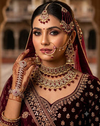 Grand Antique Stone-Studded Bridal Set with Jhumkas & Hathphool