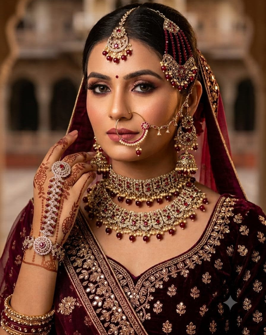 Grand Antique Stone-Studded Bridal Set with Jhumkas & Hathphool