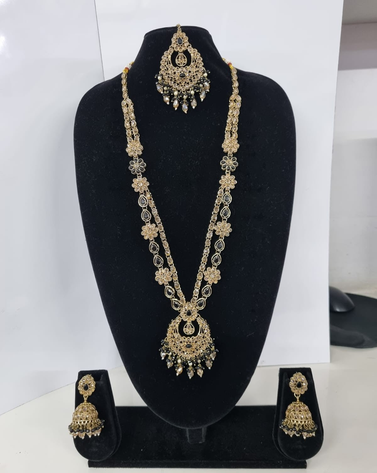 Rose Petal Pink Stone Long Necklace Set with Jhumkas
