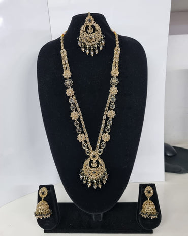 Rose Petal Pink Stone Long Necklace Set with Jhumkas