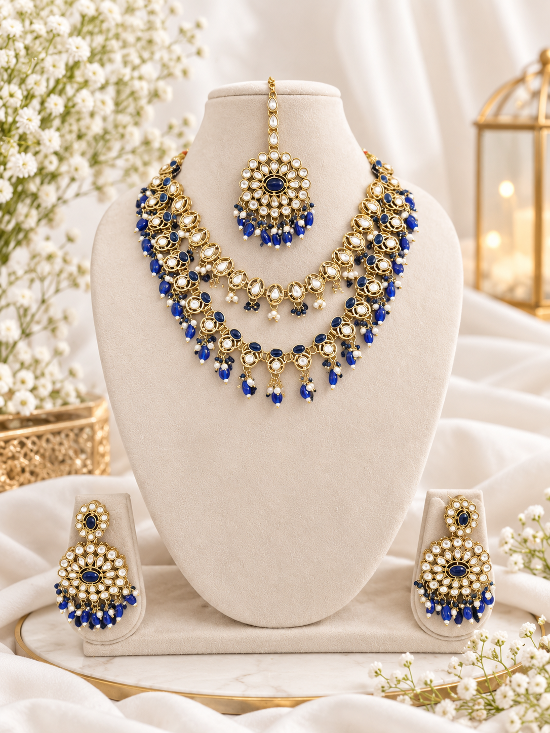 Royal Blue Layered Necklace Set Round Earrings & Maang Tikka