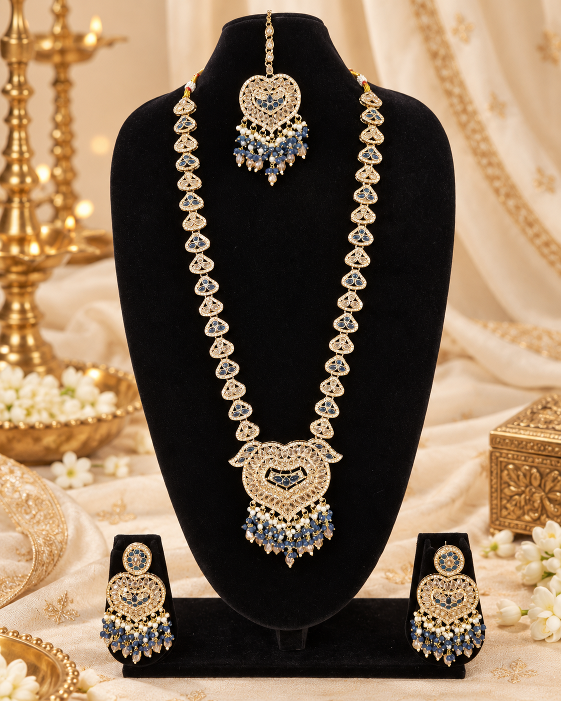 Lavender Purple Heart Shaped Long Necklace Set with Earrings & Maang Tikka