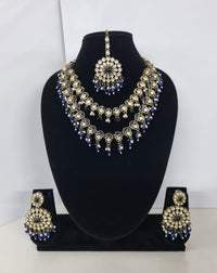 Royal Blue Layered Necklace Set Round Earrings & Maang Tikka