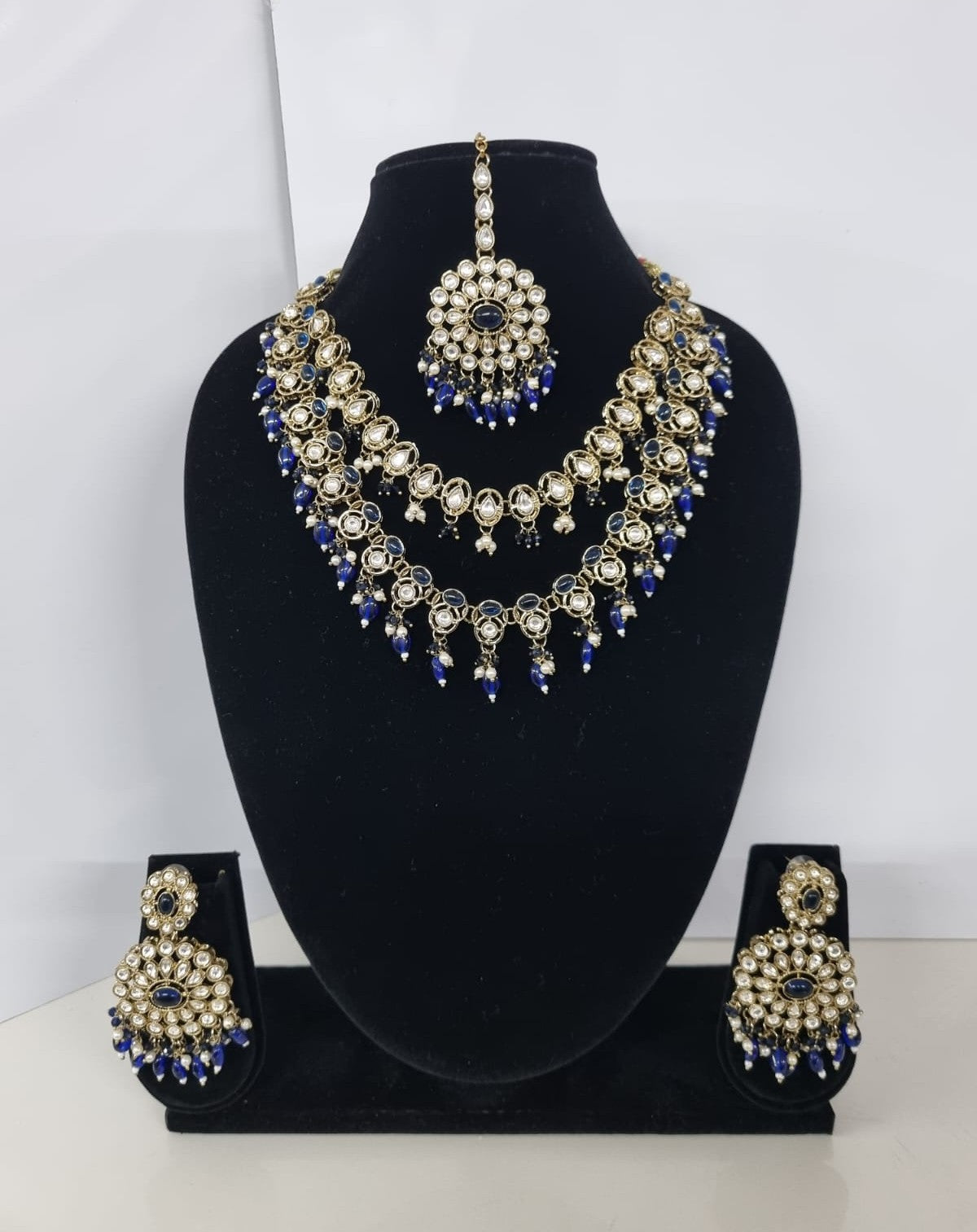 Royal Blue Layered Necklace Set Round Earrings & Maang Tikka
