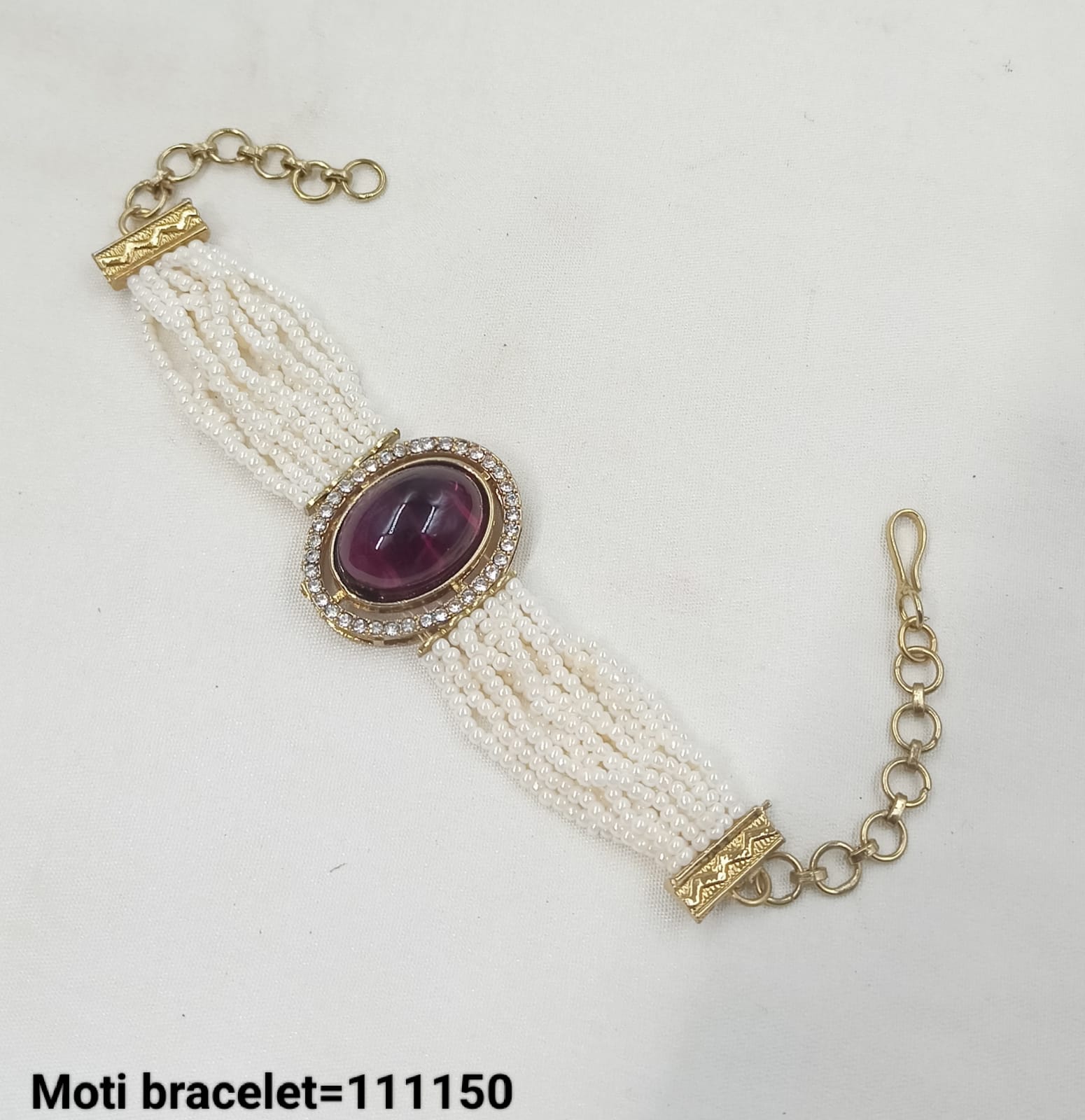 Elegant Kundan Moti Beaded Bracelet with Adjustable Chain