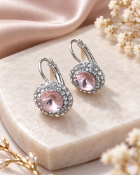 Shimmering Purple Crystal Halo Earrings with Secure Leverback Closure