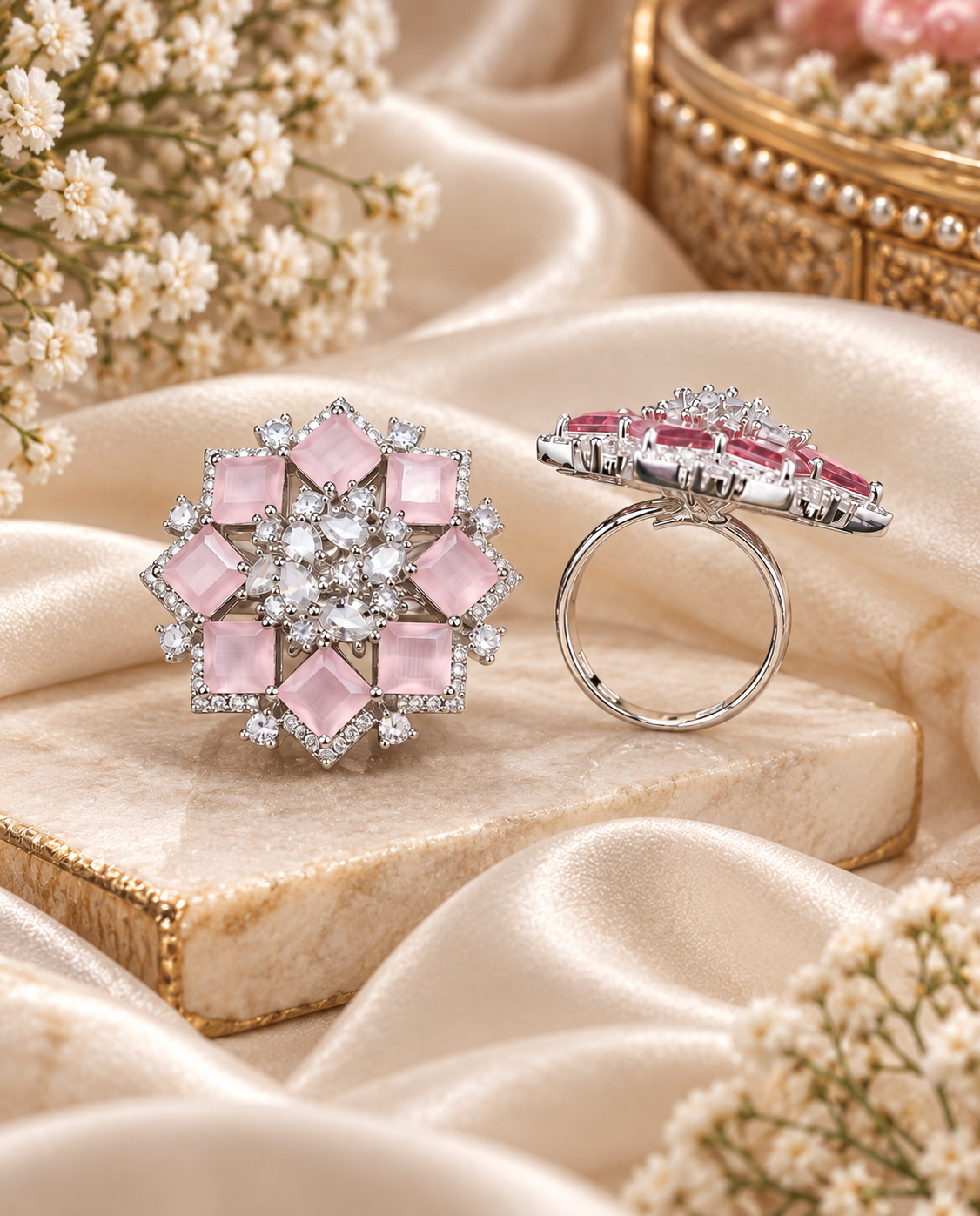 Blush Pink & Silver AD Cocktail Ring