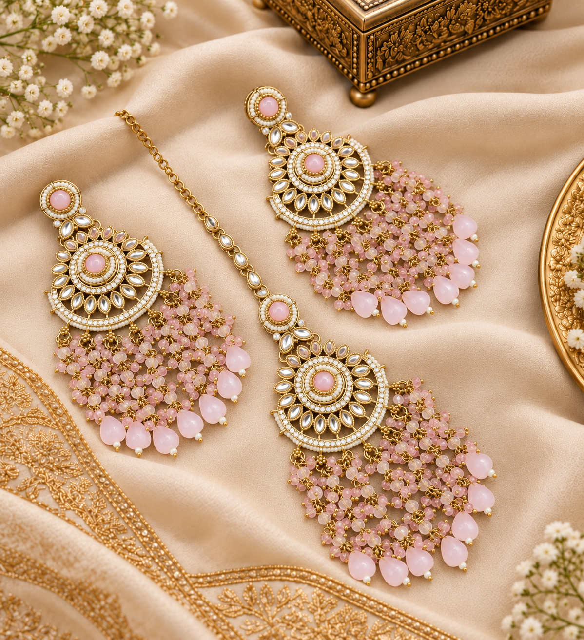 INTRICATE BEADED CHANDELIER EARRINGS & MAANGTIKKA SET